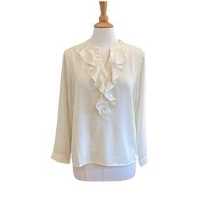 Ann Taylor Ivory Ruffle Neck Popover Blouse, Size 16 Petite
